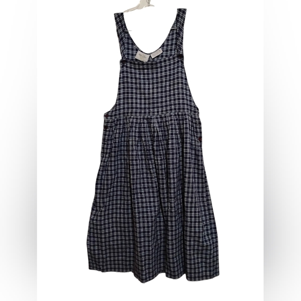 JUST CLASS Plaid Sleeveless Dress Wrapped Apron Style WHITE & BLUE 100%Cotton M